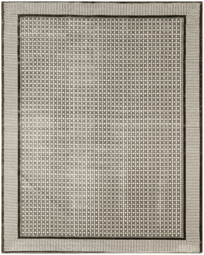 Gray and beige rectangular woven rug with a tight checkerboard center and striped outer border.