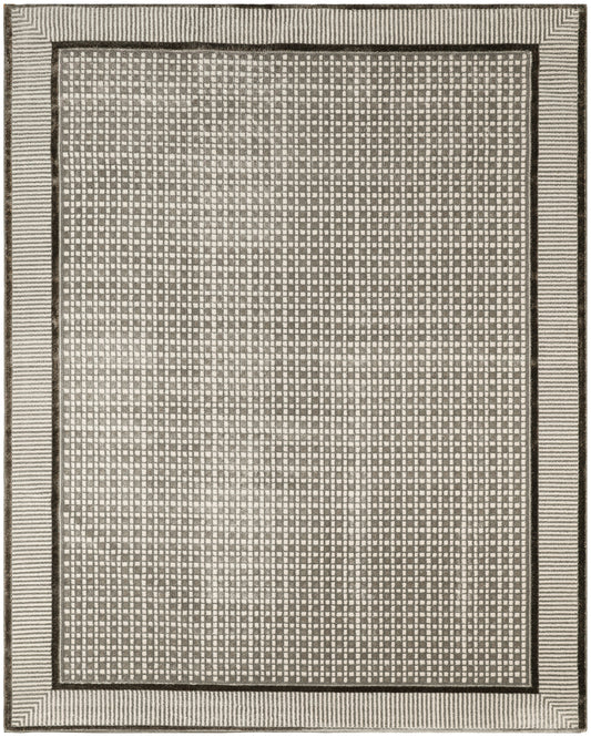 Gray and beige rectangular woven rug with a tight checkerboard center and striped outer border.