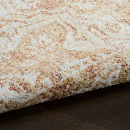 Beige ivory patterned rug with tan accents, plush pile, rolled edge on dark wood floor