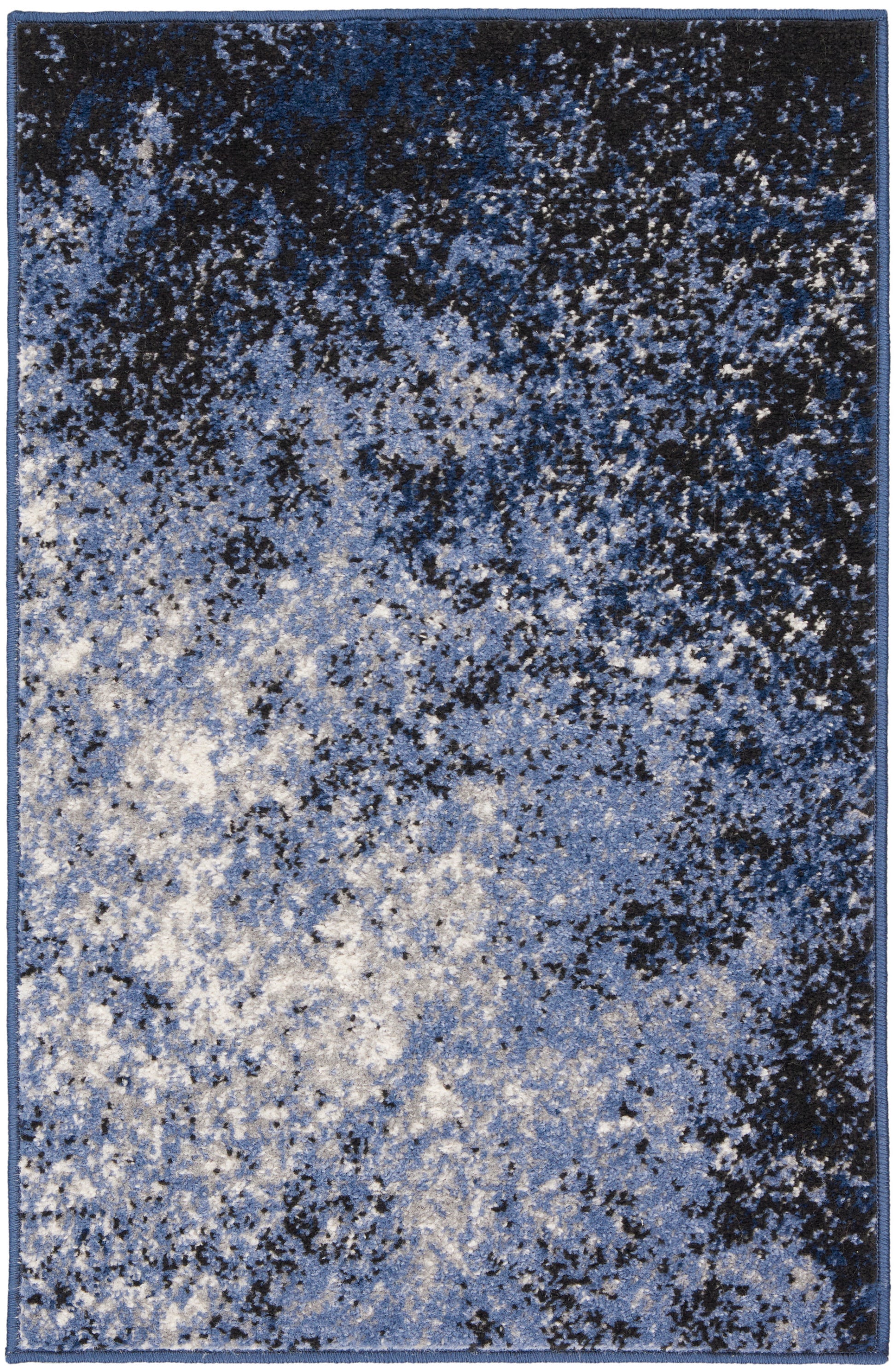 Rectangular abstract rug in blue gradient from navy to light blue with speckled, mottled texture.