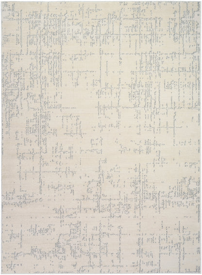Abstract distressed area rug in cream base with light blue-gray geometric line pattern.