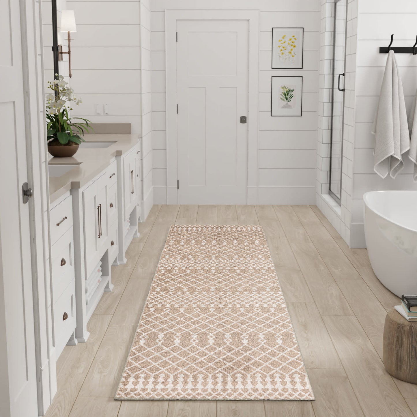Beige woven bathroom runner rug with white geometric lattice pattern; long rectangular mat for bathroom.