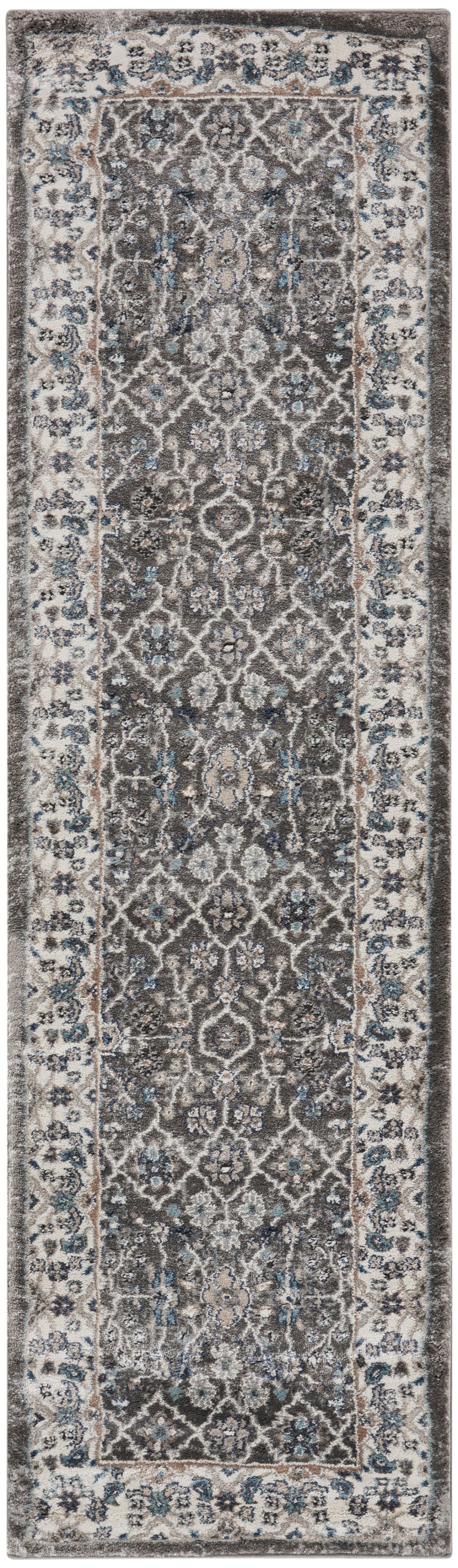 8' runner rug in traditional oriental style with ivory border and blue-gray field; floral medallion pattern.
