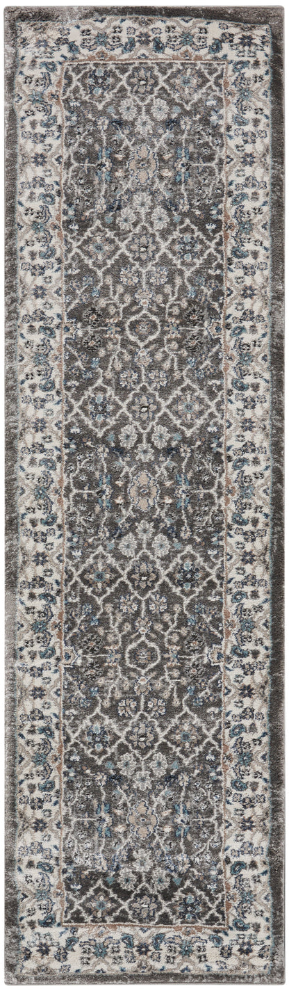 8' runner rug in traditional oriental style with ivory border and blue-gray field; floral medallion pattern.