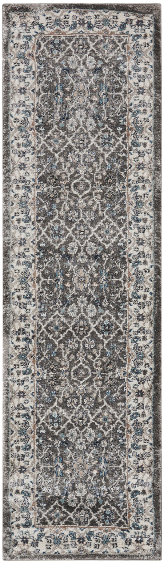 8' runner rug in traditional oriental style with ivory border and blue-gray field; floral medallion pattern.