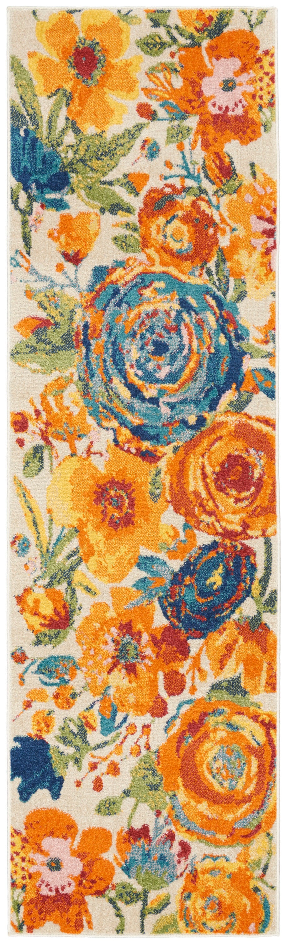 Vibrant floral fabric print with blue & orange roses, green leaves on cream background; perfect scarf or textile.