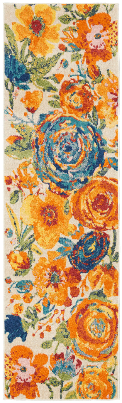 Vibrant floral fabric print with blue & orange roses, green leaves on cream background; perfect scarf or textile.