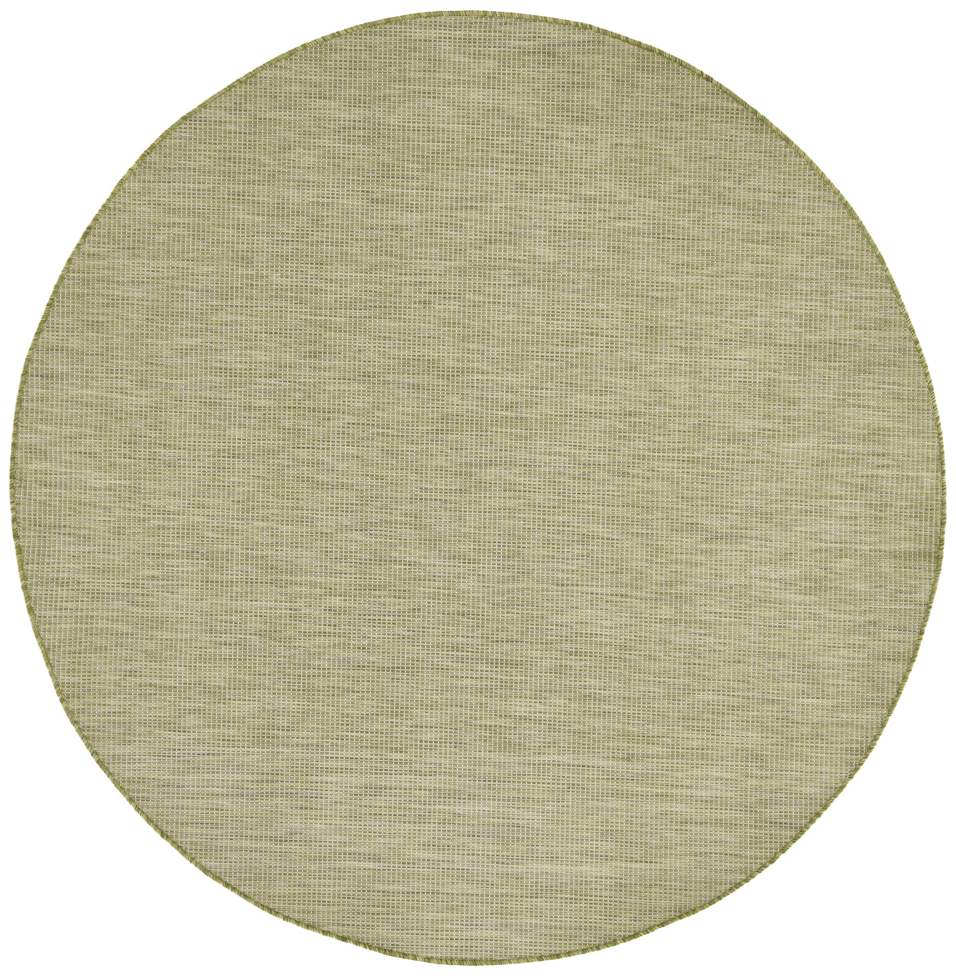 Round natural beige woven rug with a tight textured weave; olive-tan color, casual coastal style.