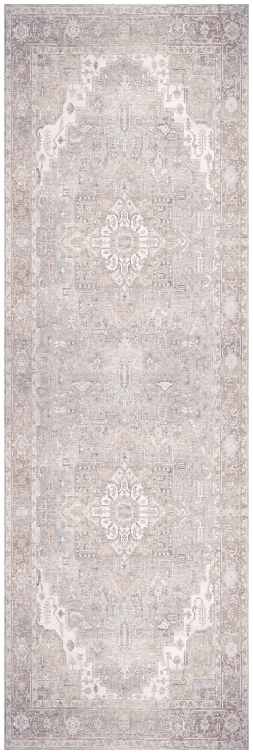 Light beige Persian-style runner rug with taupe patterns and central medallions, ideal for hallways.