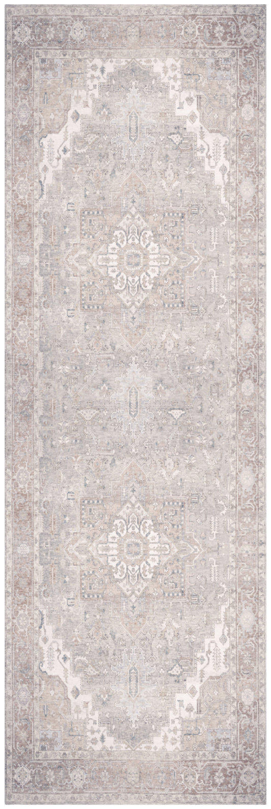 Light beige Persian-style runner rug with taupe patterns and central medallions, ideal for hallways.