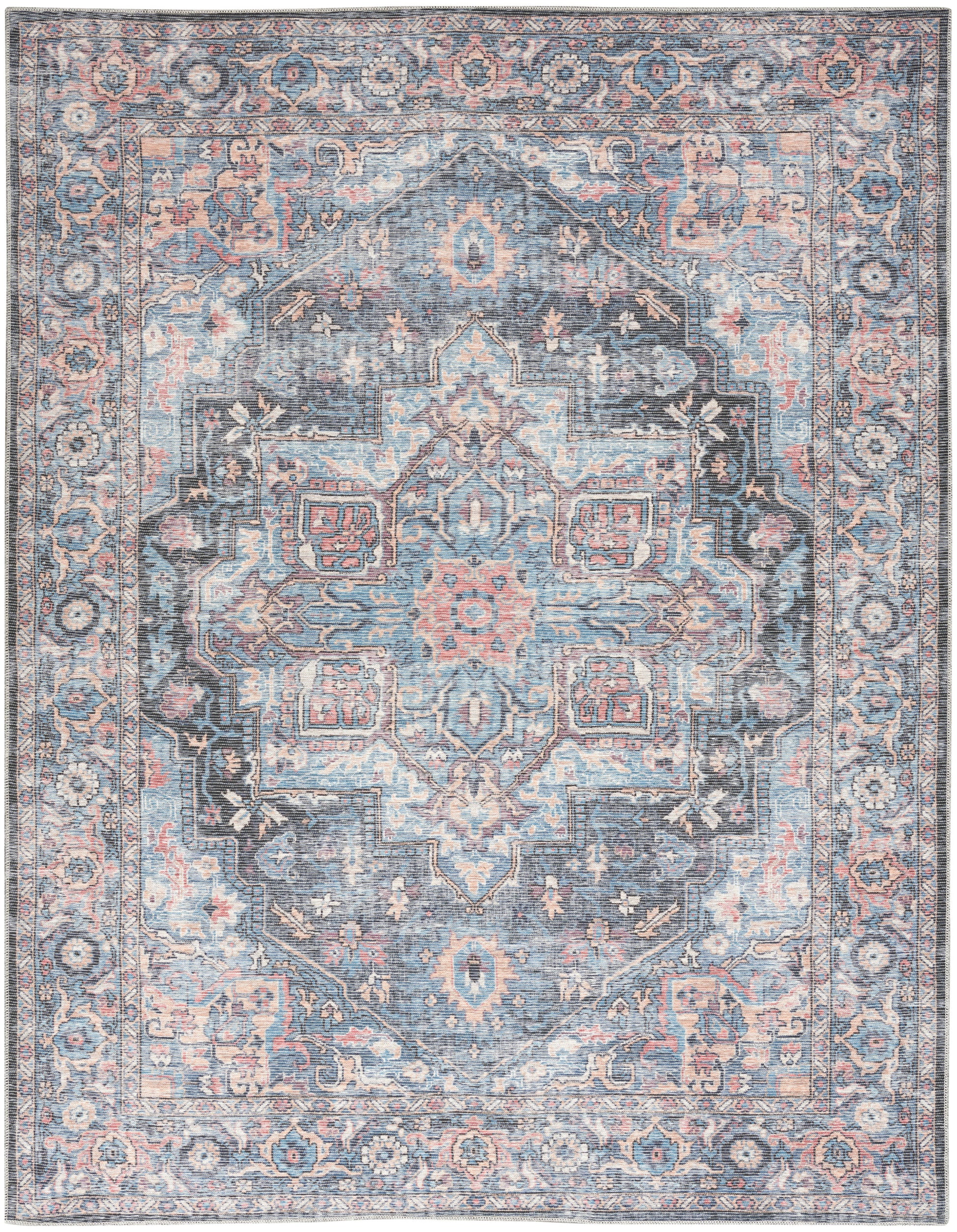Pastel blue vintage-style Persian area rug with pink accents, distressed central medallion and ornate floral border.