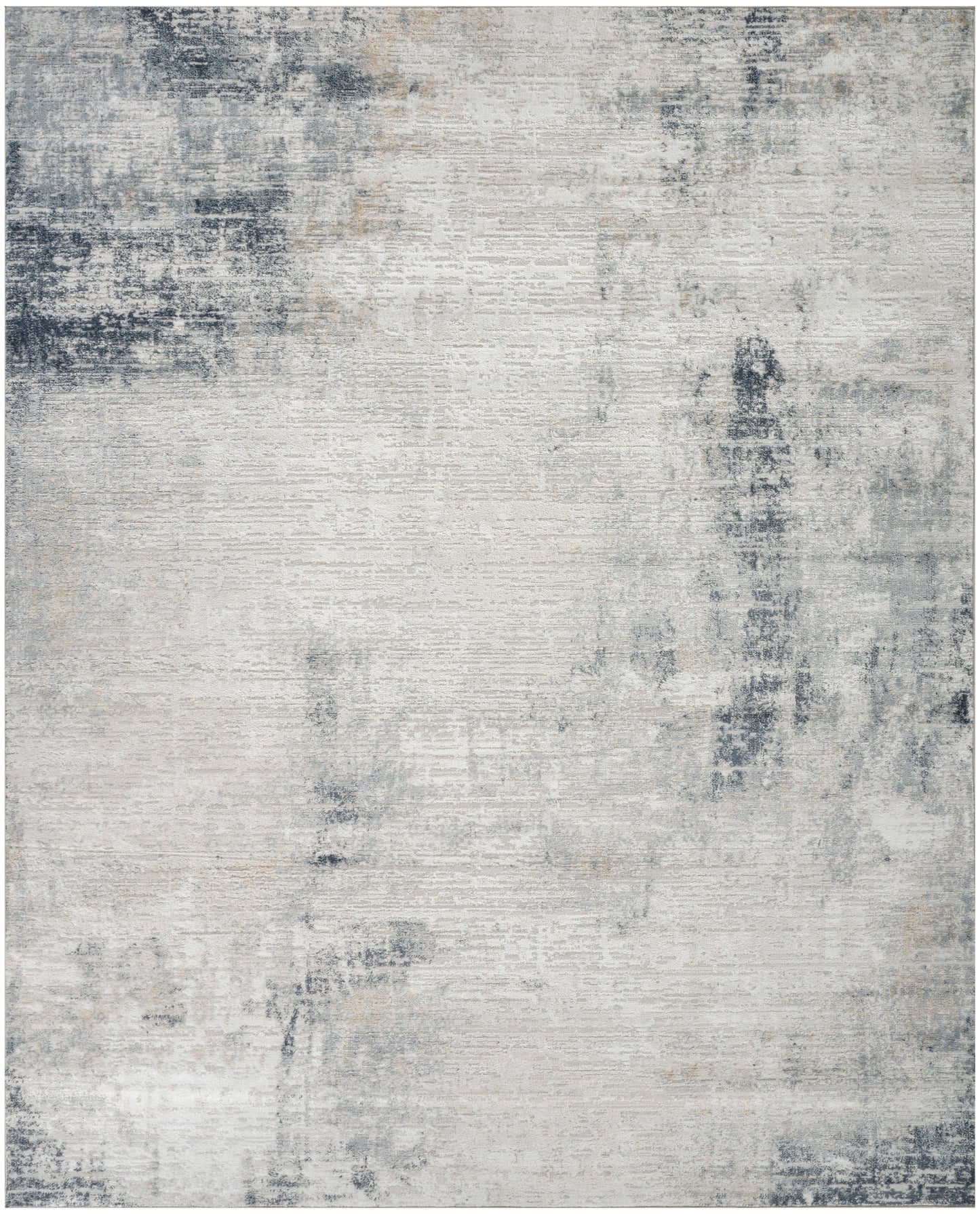 Rectangular area rug with a pale gray and blue distressed abstract pattern; soft, modern underfoot for living spaces.