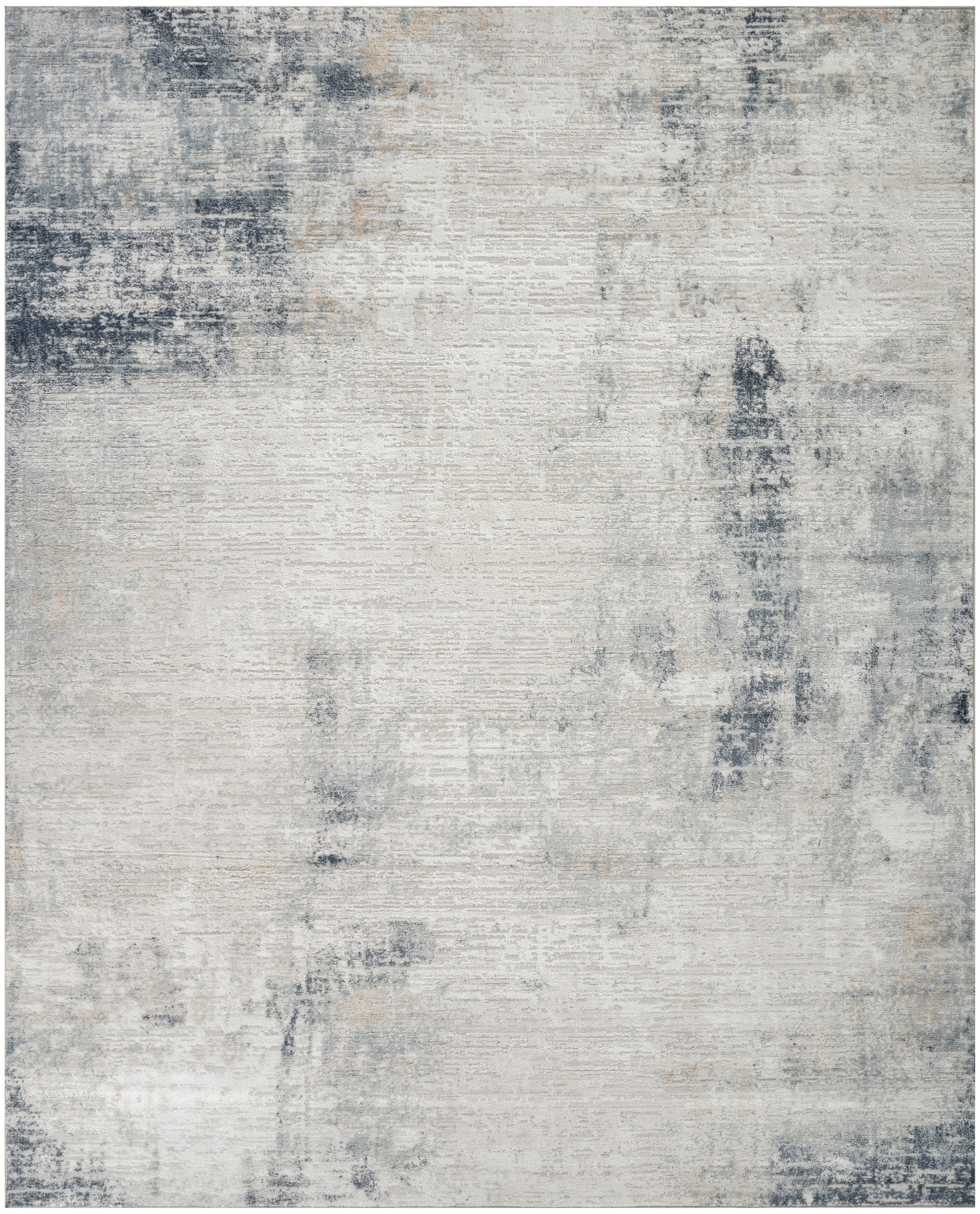 Rectangular area rug with a pale gray and blue distressed abstract pattern; soft, modern underfoot for living spaces.