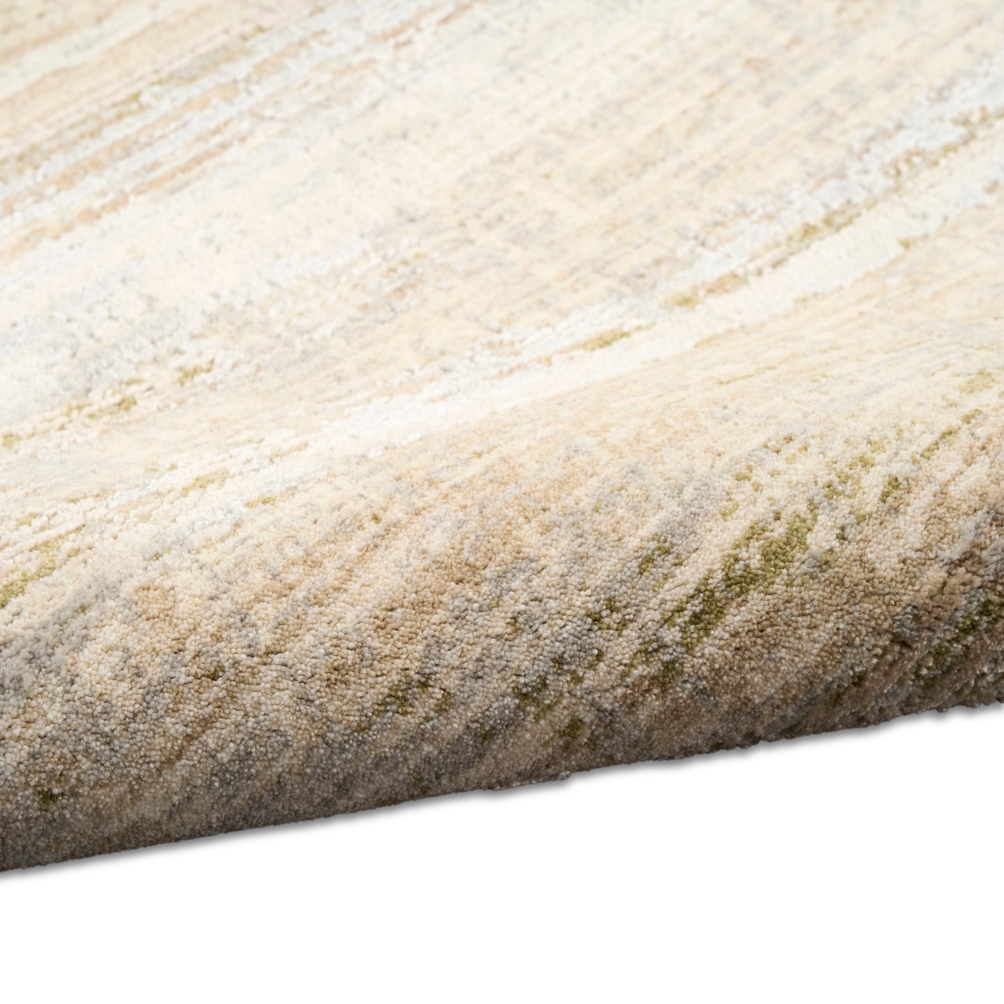 Beige and cream textured area rug with a subtle abstract pattern, plush pile and moss-green undertones, 8' x 10'.