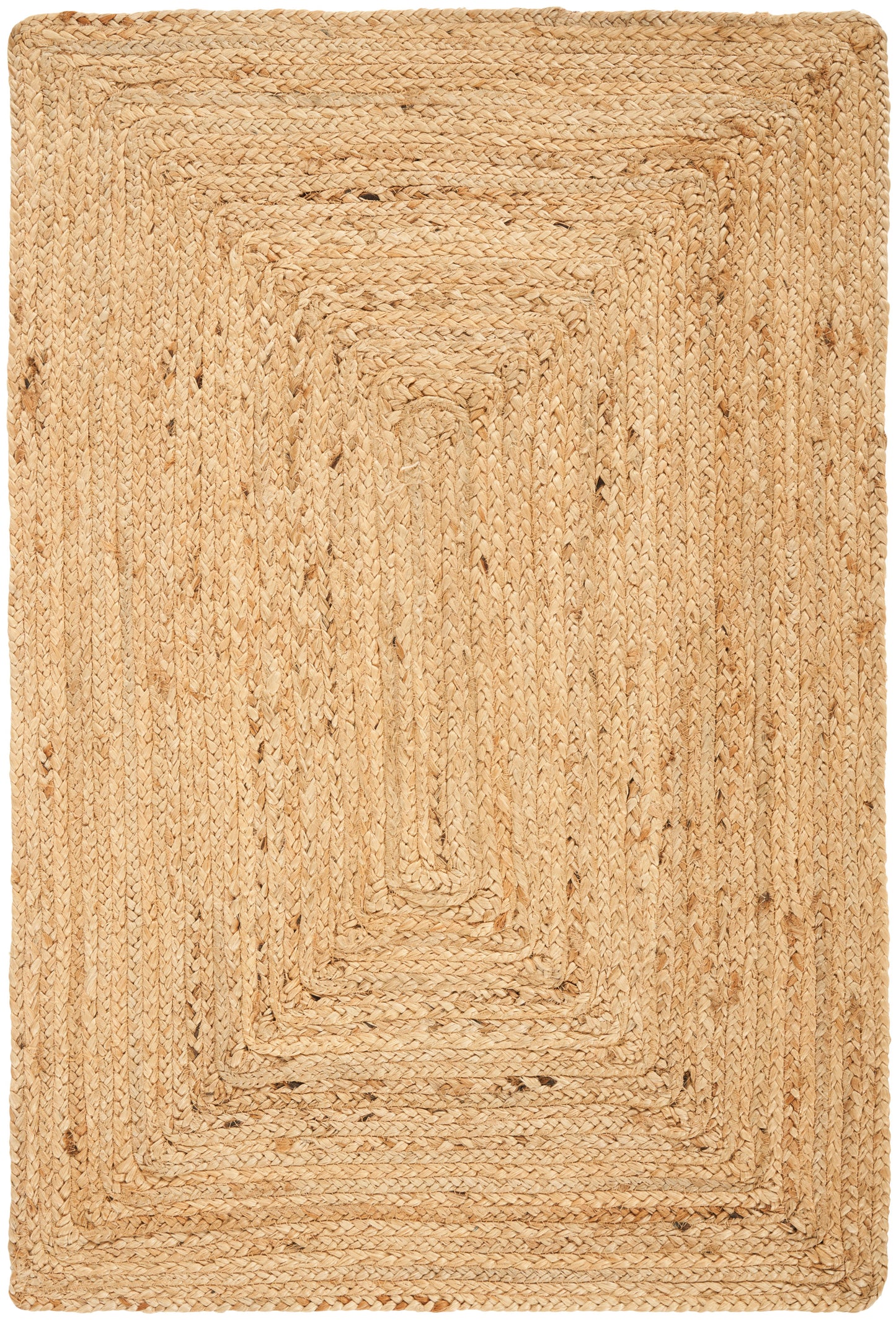 Natural jute braided rug with thick rope texture, rectangular with concentric borders.