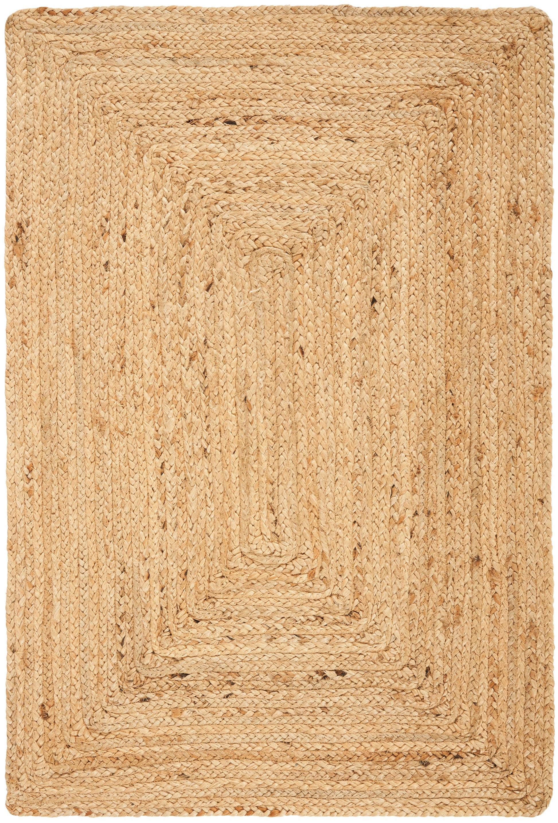 Natural jute braided rug with thick rope texture, rectangular with concentric borders.