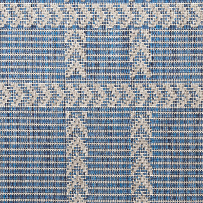 Blue-and-white woven fabric border surrounds a solid gray center panel.
