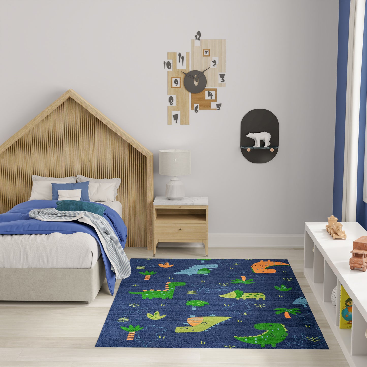 Kids' room with blue dinosaur rug & green/orange dinos; wooden house-headboard bed, white nightstand, black wall clock.