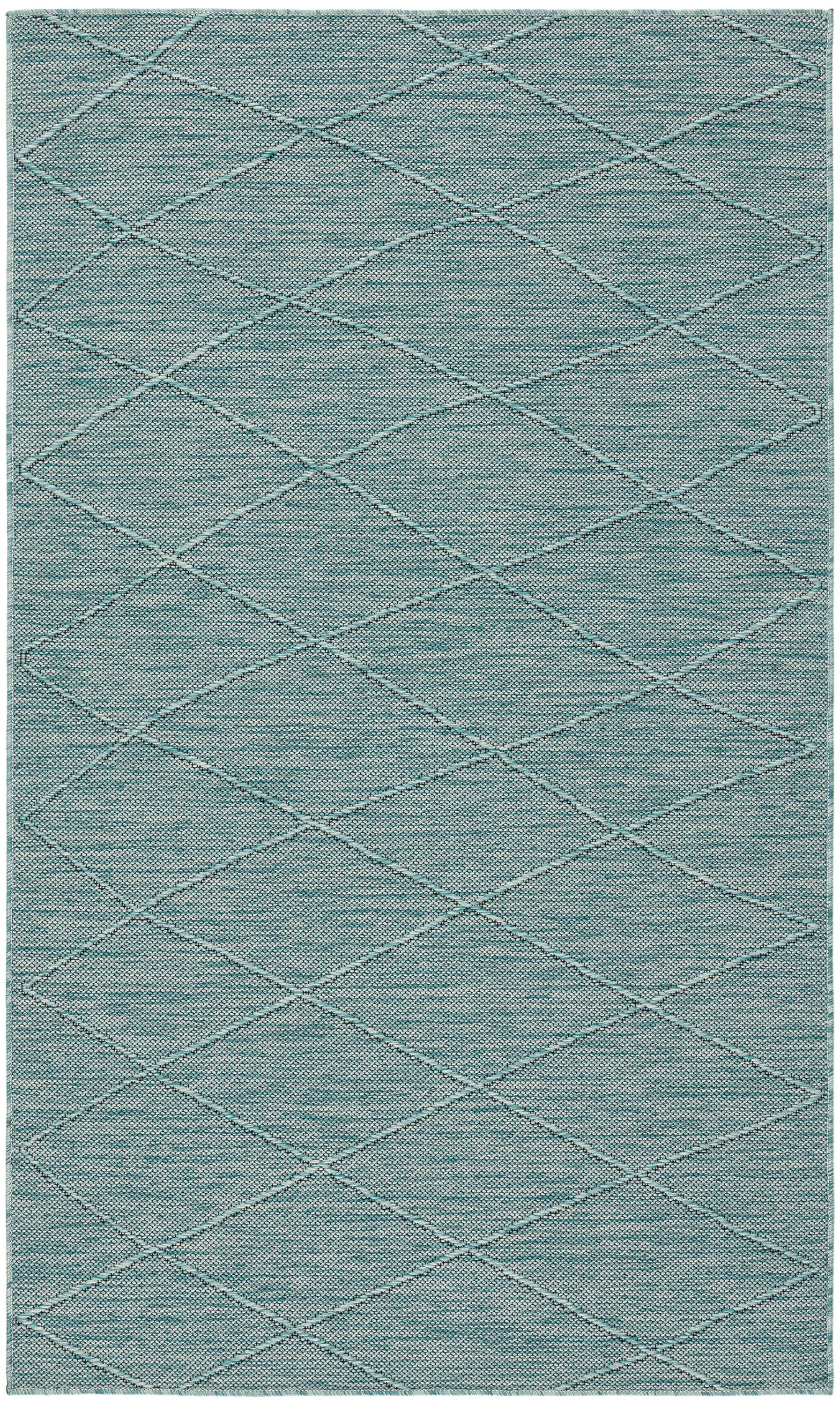 Teal-blue rectangular rug with a subtle diagonal diamond lattice stitched pattern on a soft woven surface; modern neutral decor.