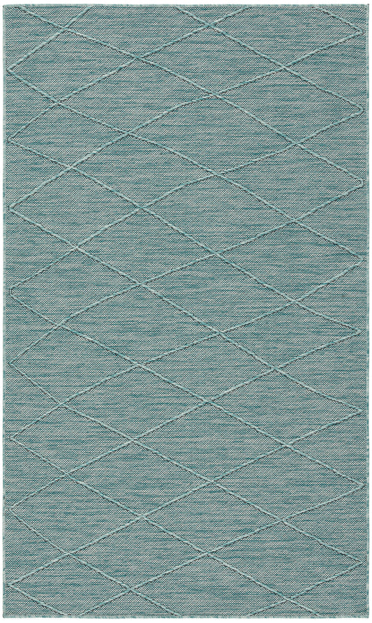 Teal-blue rectangular rug with a subtle diagonal diamond lattice stitched pattern on a soft woven surface; modern neutral decor.