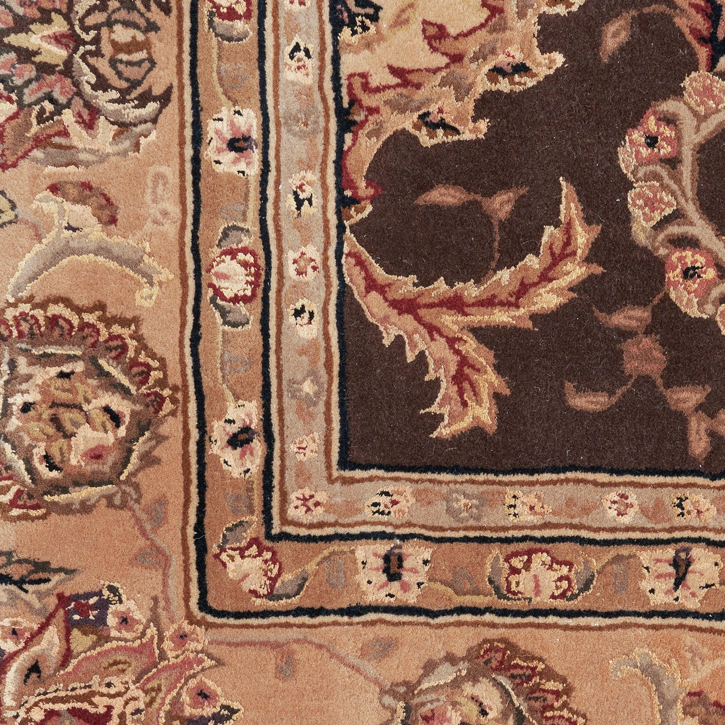 Intricate Persian-style rug in beige, tan and brown with a floral border and ornate central motifs