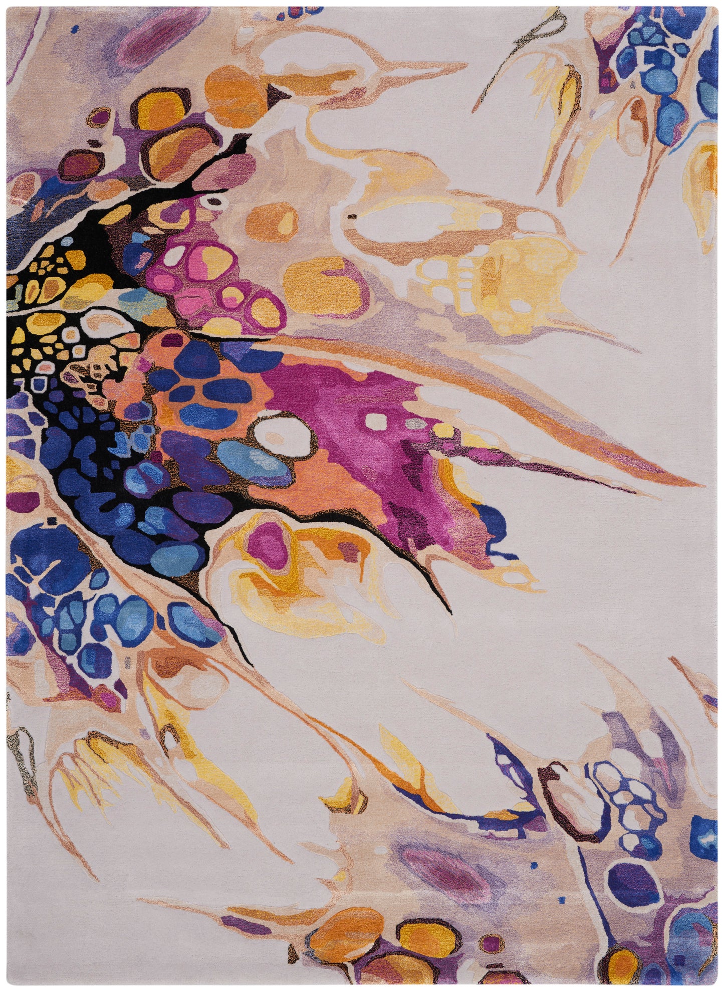 Abstract colorful area rug with blob-like shapes in blue, purple, pink, yellow and orange on a light beige background.