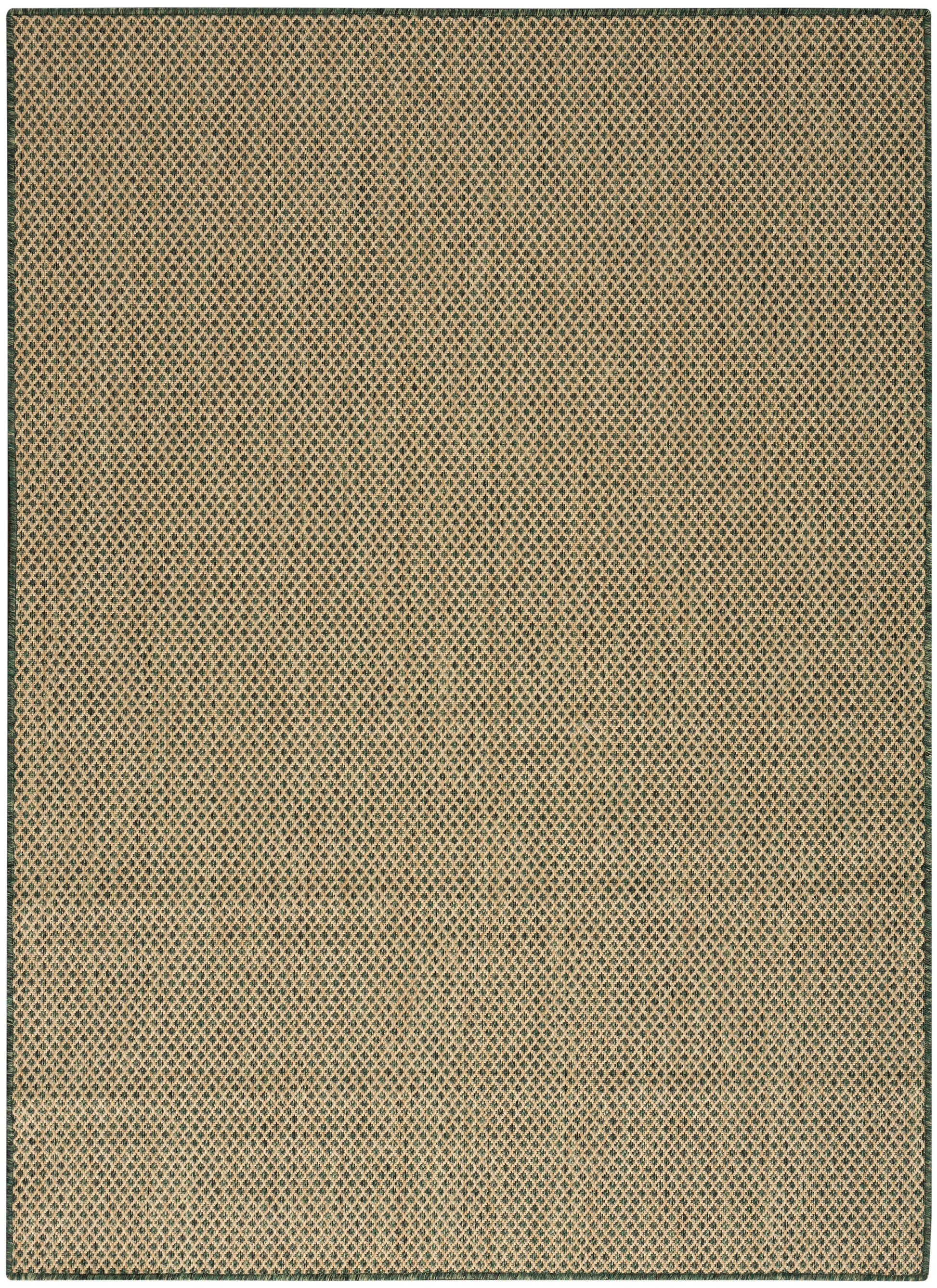 Rectangular woven rug in beige with a fine dark green diamond lattice pattern and dark border.