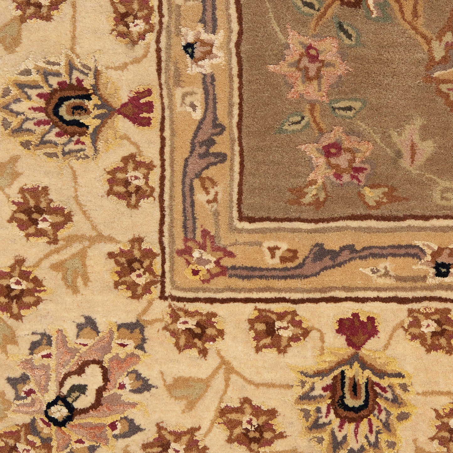 Close-up of an ornate beige oriental rug with brown, gold and blue floral motifs and a bordered design.