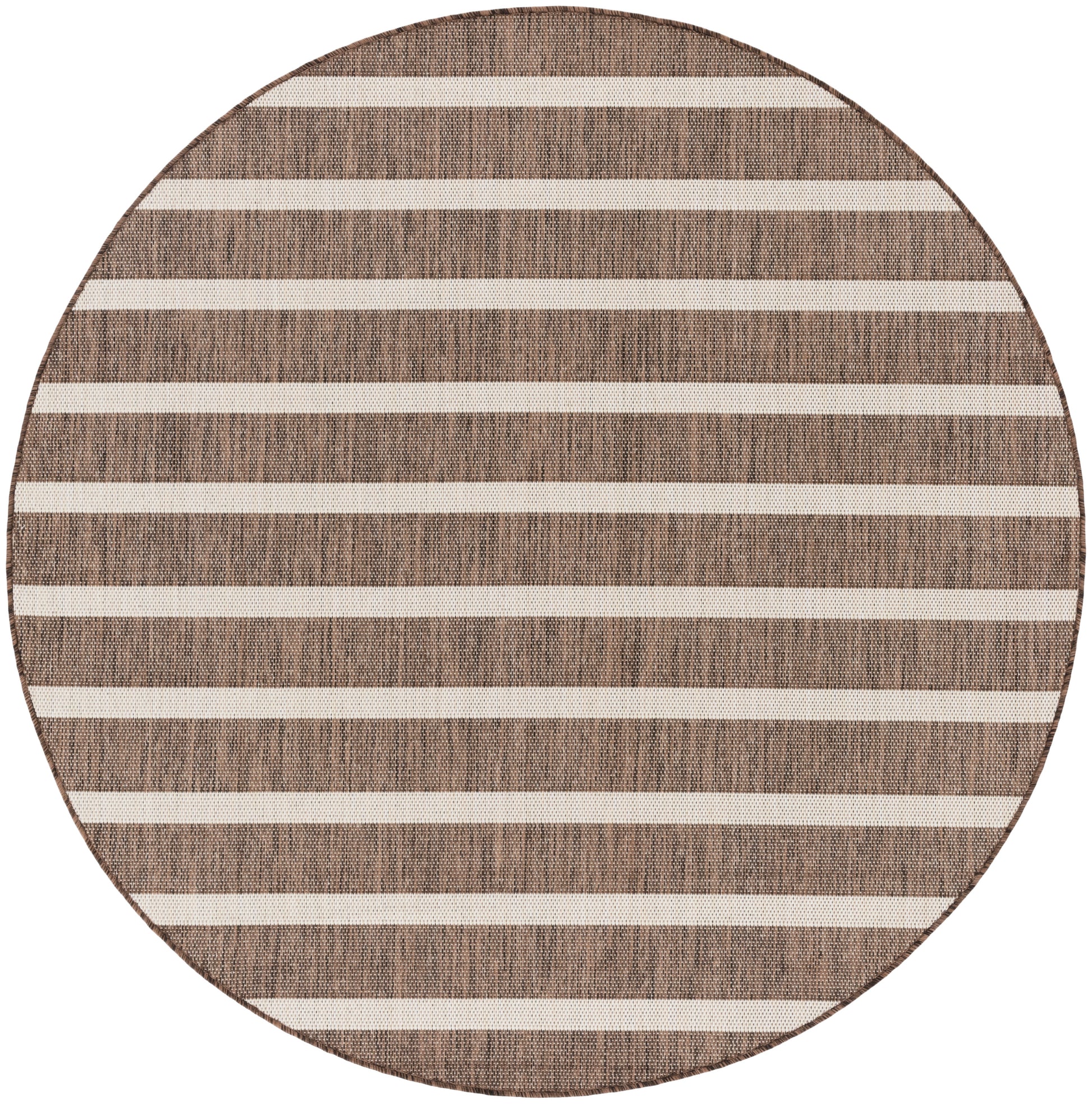 Round woven rug with natural brown and cream horizontal stripes and a textured surface.