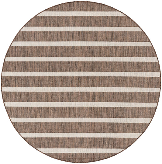 Round woven rug with natural brown and cream horizontal stripes and a textured surface.