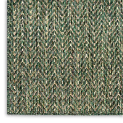 Close-up of green herringbone woven fabric with teal and cream threads.