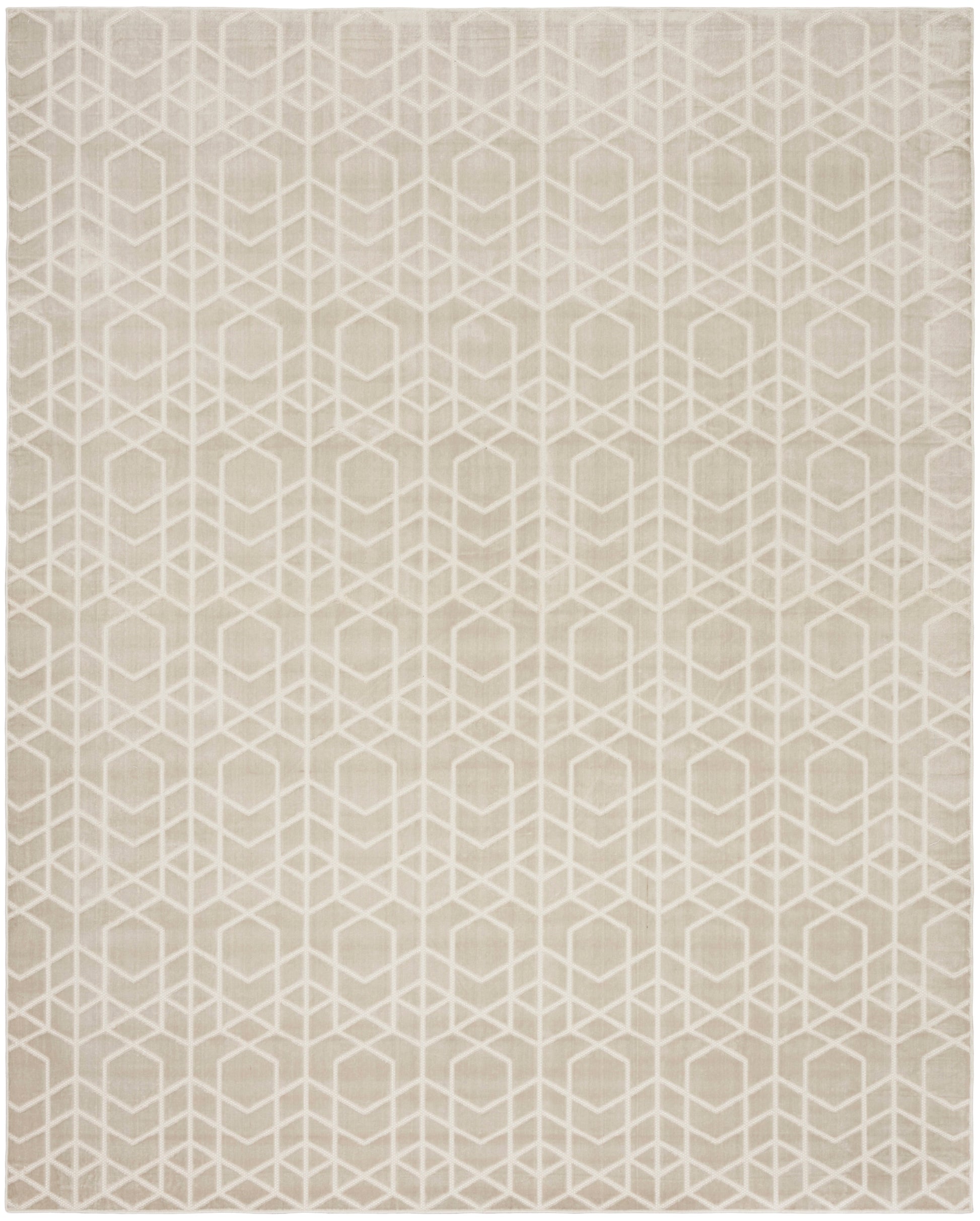 Beige rug with a pale white interlocking cube geometric pattern for a modern minimalist look, 8' x 10'.