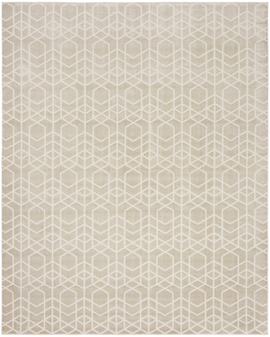 Beige rug with a pale white interlocking cube geometric pattern for a modern minimalist look, 8' x 10'.