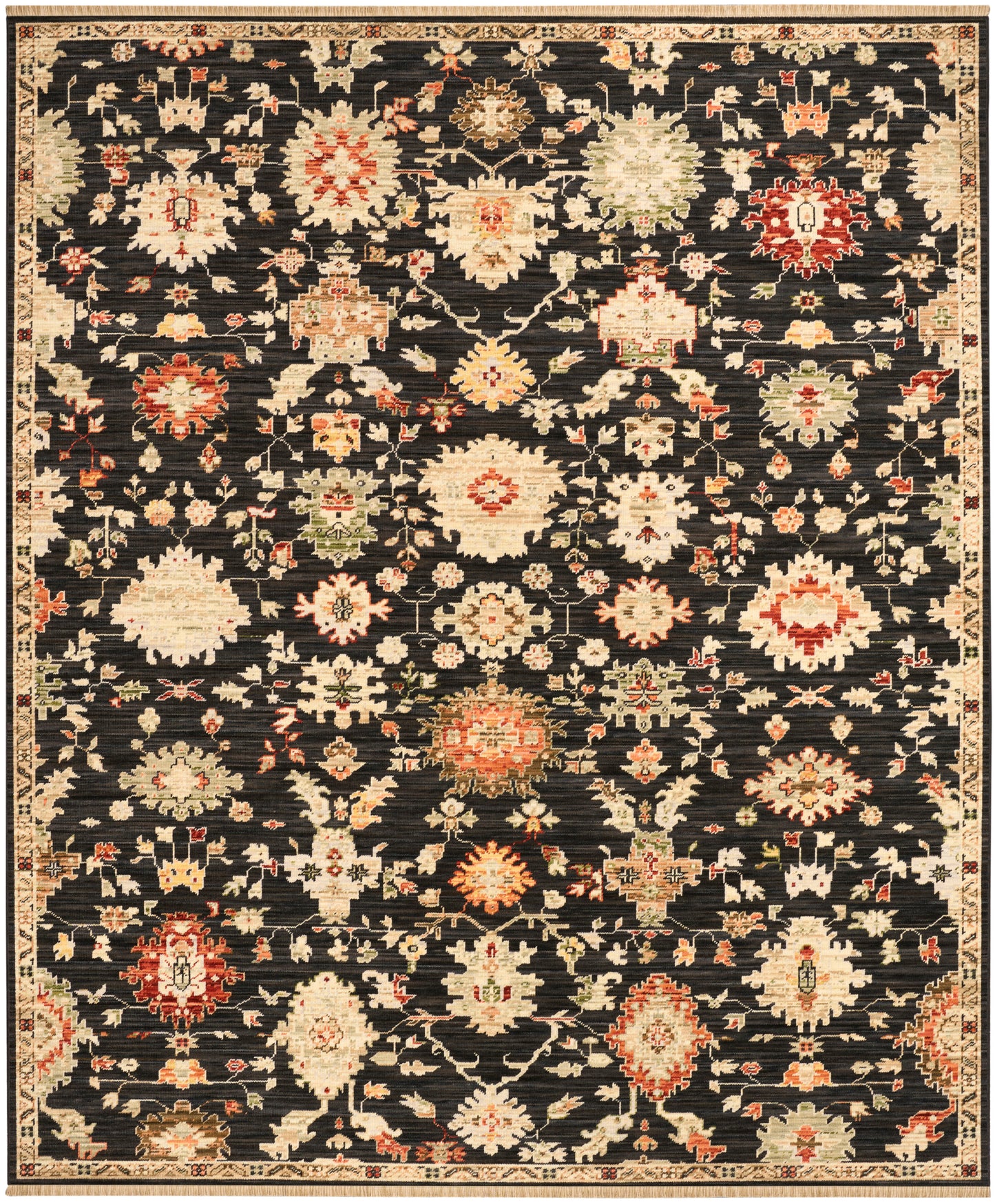 Black background rug with ivory and red floral medallions; traditional Persian-style border.