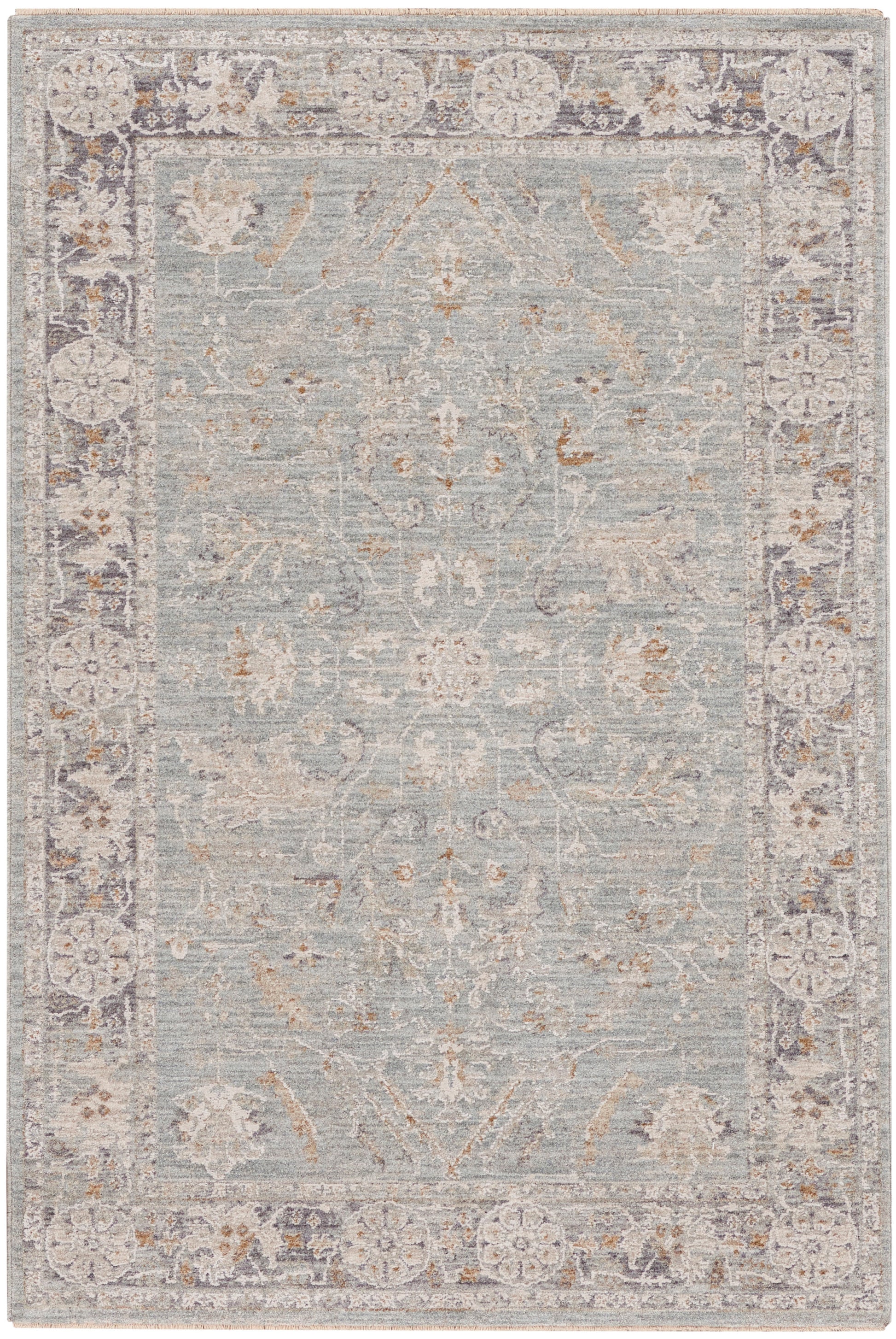 Soft blue-gray oriental rug with ivory floral border and muted distressed center.