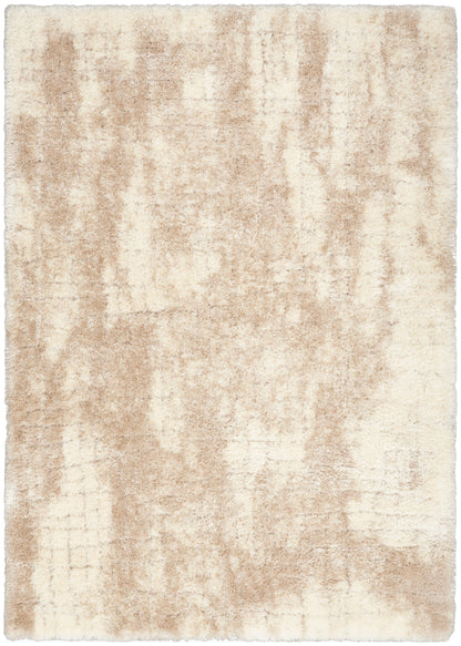 Rectangular neutral beige area rug with abstract tan pattern; plush pile.