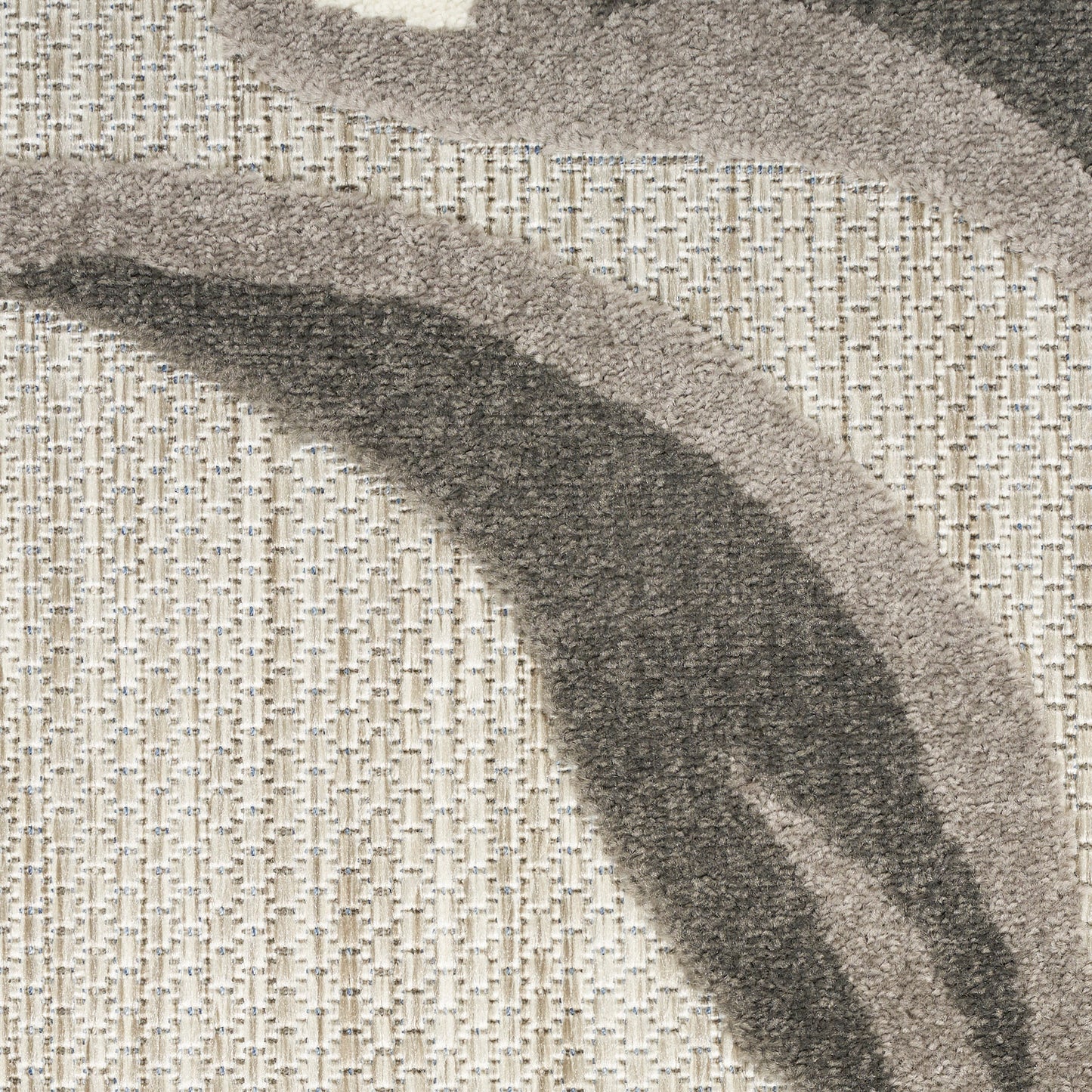 Beige woven 12' runner rug with dark gray curved stripes and textured looped pile.