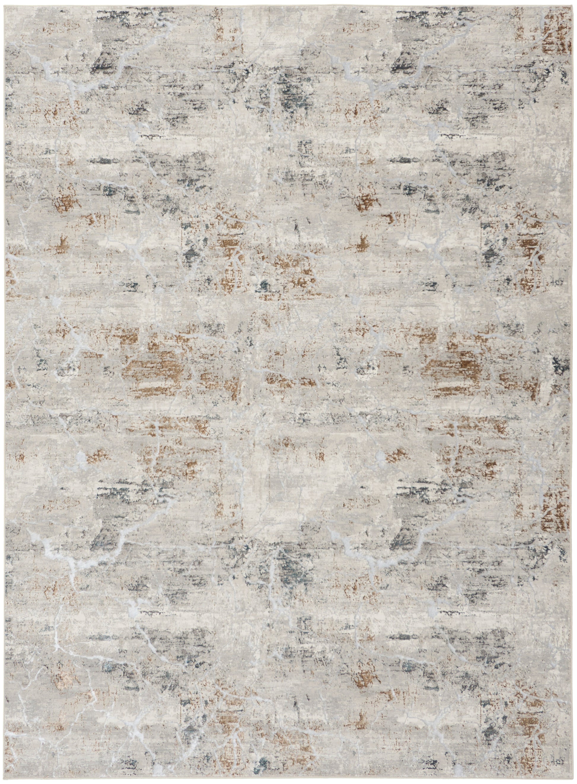 Rectangular neutral-toned rug with distressed abstract pattern in beige, gray and brown.