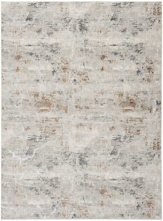 Rectangular neutral-toned rug with distressed abstract pattern in beige, gray and brown.