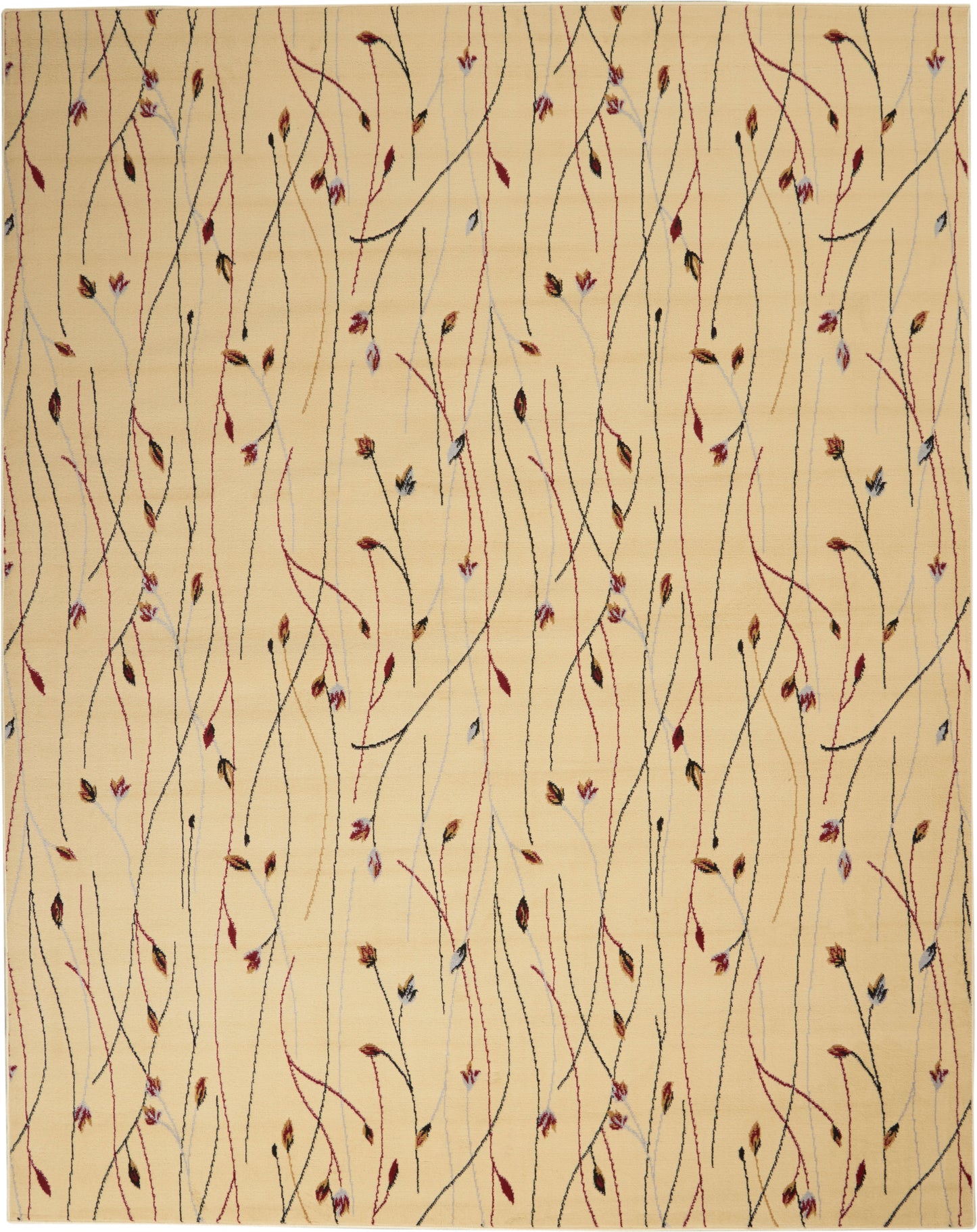 Beige background with slender, wavy red and black vines and scattered small multicolor leaves.