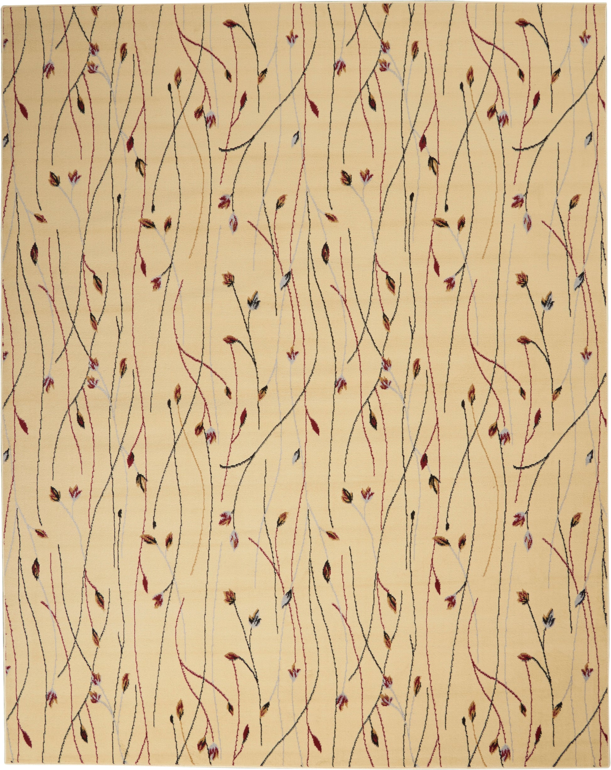 Beige background with slender, wavy red and black vines and scattered small multicolor leaves.