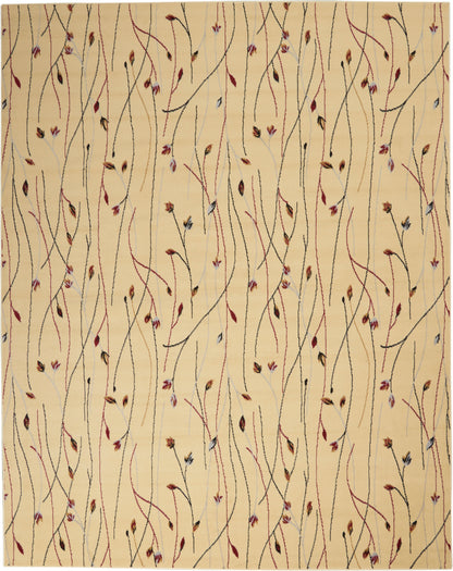 Beige background with slender, wavy red and black vines and scattered small multicolor leaves.