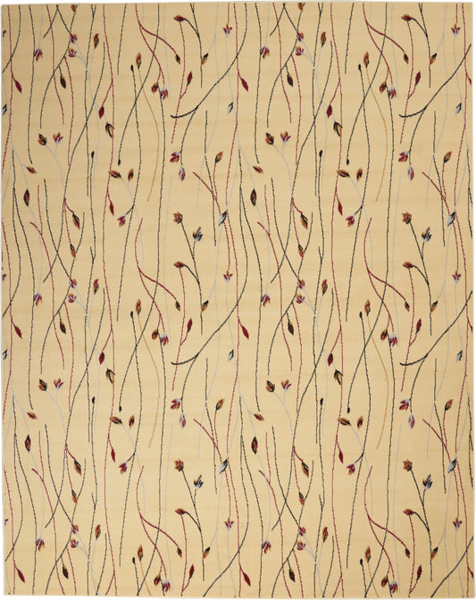 Beige background with slender, wavy red and black vines and scattered small multicolor leaves.
