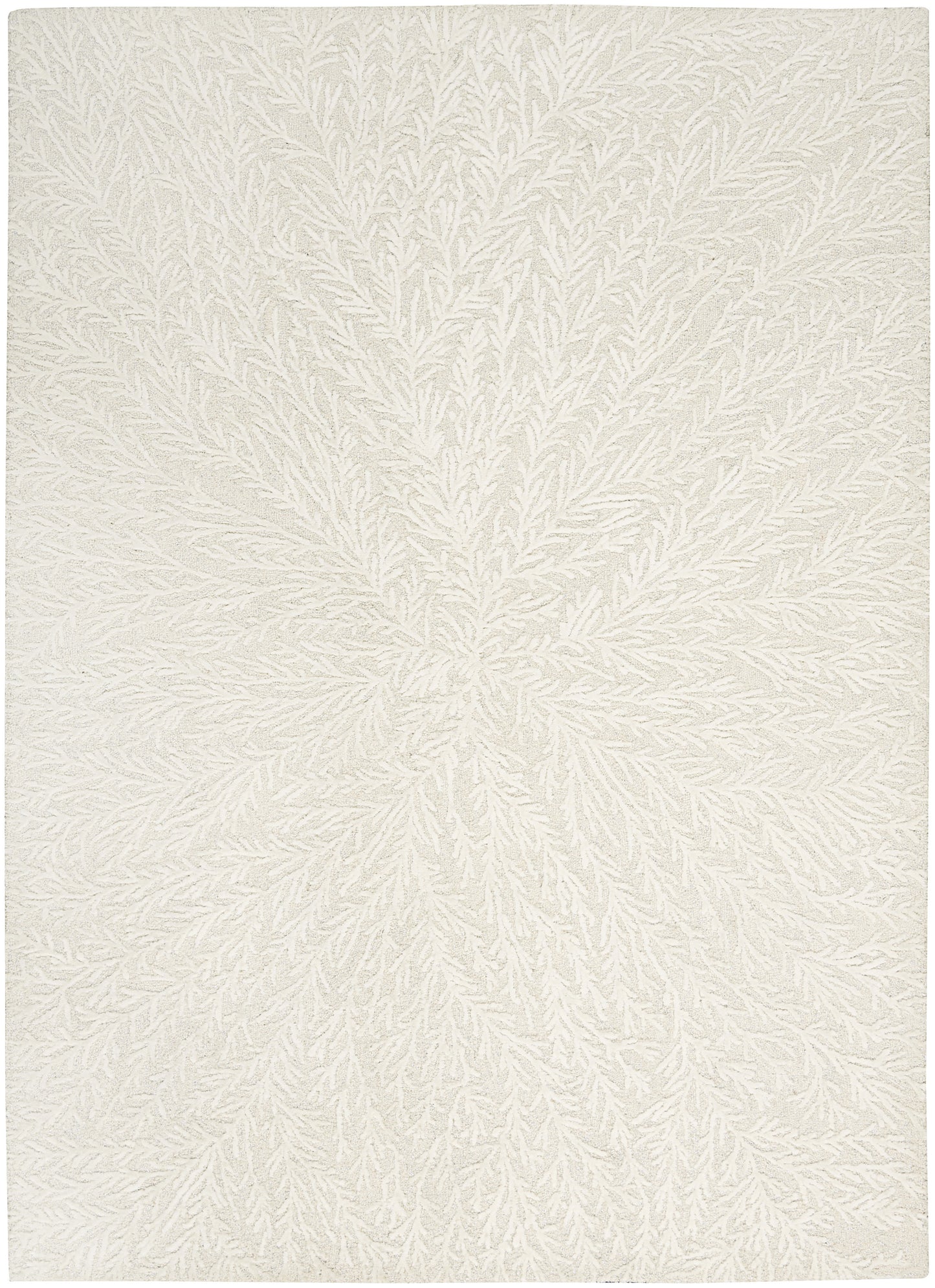 Cream textured rug with a raised fern-like pattern and soft boucle pile.