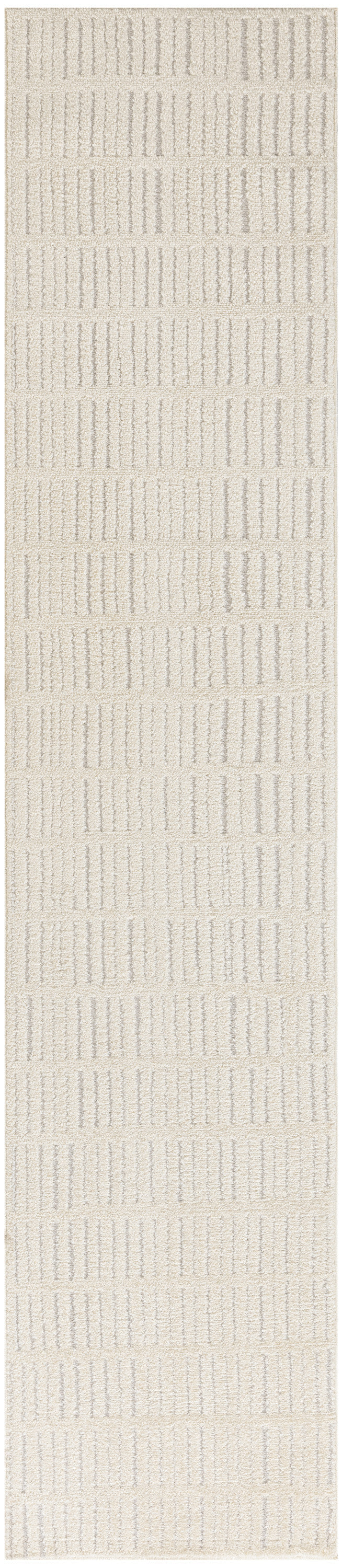 Cream-beige textured rug runner with raised vertical stripe pattern in a soft, neutral woven design.