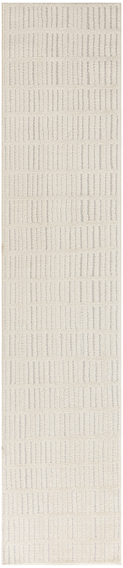 Cream-beige textured rug runner with raised vertical stripe pattern in a soft, neutral woven design.