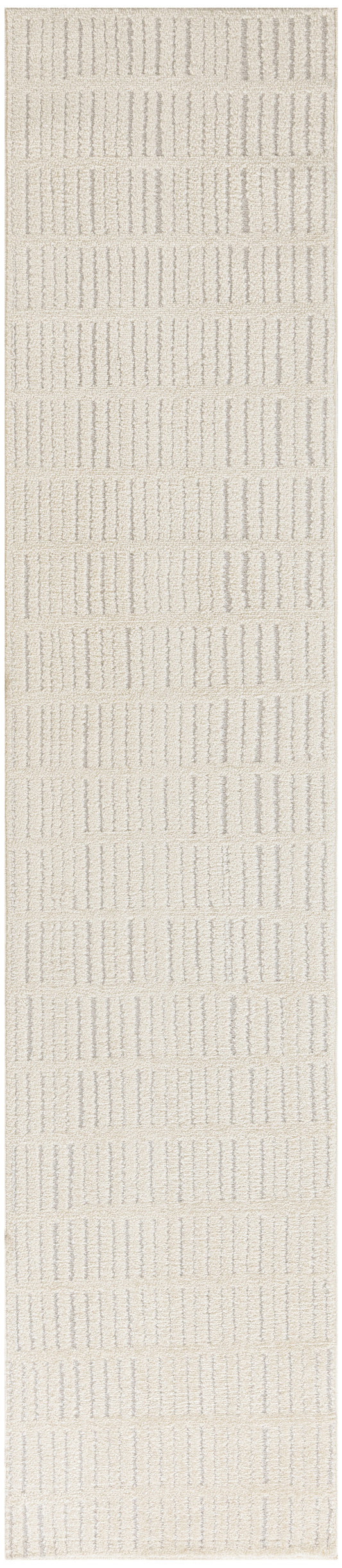 Cream-beige textured rug runner with raised vertical stripe pattern in a soft, neutral woven design.
