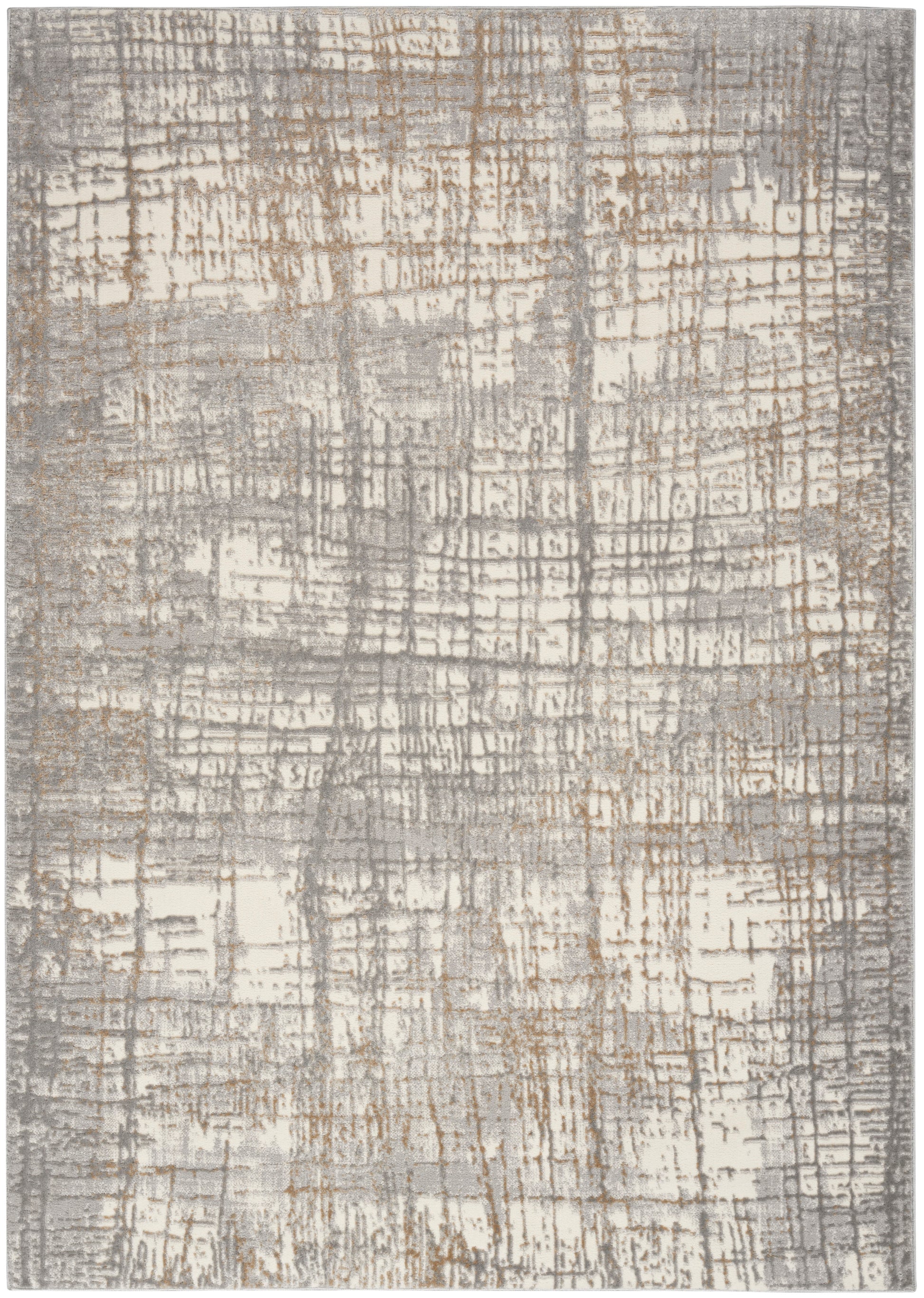 Rectangular abstract beige and gray area rug with distressed crosshatch pattern; soft woven texture.