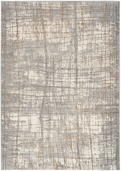 Rectangular abstract beige and gray area rug with distressed crosshatch pattern; soft woven texture.