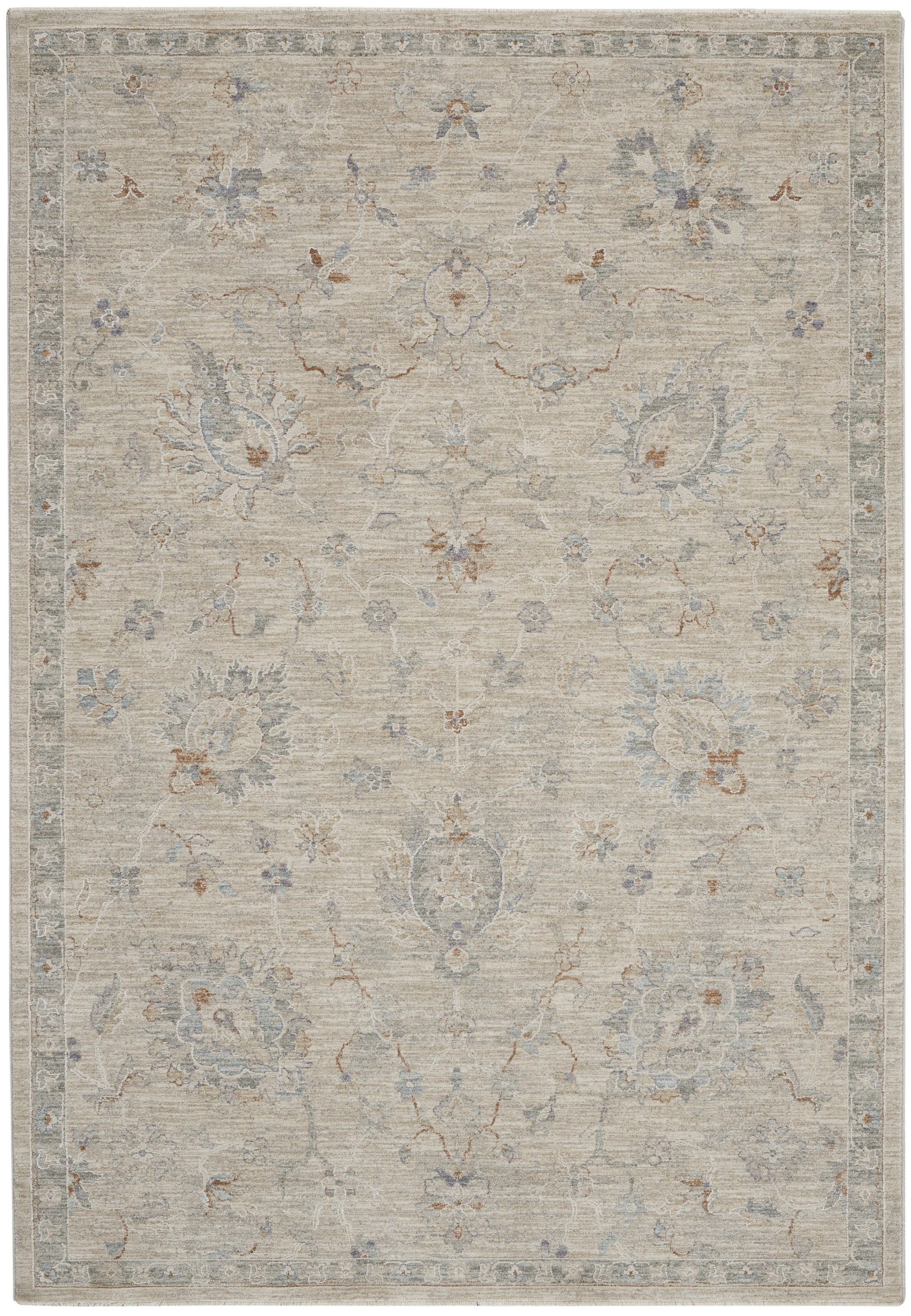 Muted beige oriental rug with pale blue and gray floral motifs, rust accents and a decorative border.